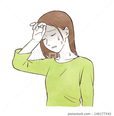 一位年輕女子因身體不適而用手摀住額頭——水彩風格的手繪插圖。 一位年輕女子因身體不適而用手摀住額頭——水彩風格的手繪插圖。 140177342