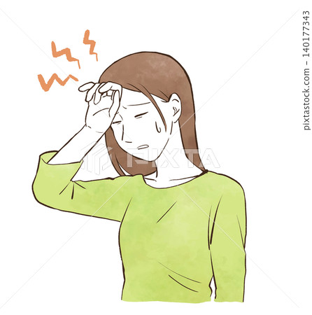 一位年輕女子因頭痛而用手摀住額頭——水彩風格的手繪插圖。 140177343