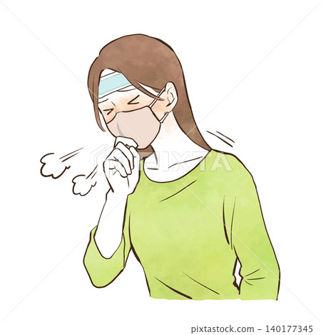 一幅手繪水彩風格的插圖,描繪了一位患有傳染病的年輕女子,她發燒咳嗽。 一幅手繪水彩風格的插圖,描繪了一位患有傳染病的年輕女子,她發燒咳嗽。 140177345