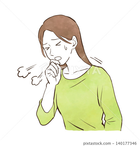 一幅手繪水彩風格的插圖,描繪了一位咳嗽的年輕女子。 一幅手繪水彩風格的插圖,描繪了一位咳嗽的年輕女子。 140177346