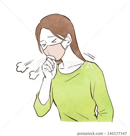 一幅手繪水彩風格插圖,描繪了一位戴著口罩咳嗽的年輕女子。 一幅手繪水彩風格插圖,描繪了一位戴著口罩咳嗽的年輕女子。 140177347