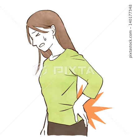 A young woman suffering from severe lower back pain - watercolor-style hand-drawn illustration. A young woman suffering from severe lower back pain - watercolor-style hand-drawn illustration. 140177348