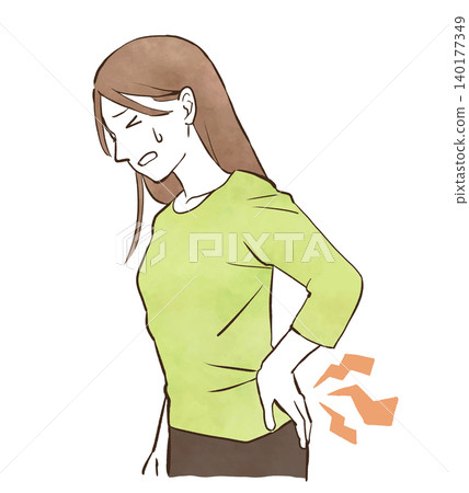 A hand-drawn watercolor-style illustration of a young woman suffering from lower back pain. A hand-drawn watercolor-style illustration of a young woman suffering from lower back pain. 140177349