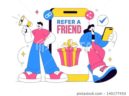 Refer a Friend Illustration Featuring Referral Marketing Campaign, Customer Rewards Program, Social Sharing, Bonus Incentives, and User Engagement Refer a Friend Illustration Featuring Referral Marketing Campaign, Customer Rewards Program, Social Sharing, Bonus Incentives, and User Engagement 140177450
