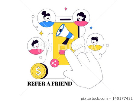 Refer a Friend Illustration Featuring Referral Marketing Campaign, Customer Rewards Program, Social Sharing, Bonus Incentives, and User Engagement Refer a Friend Illustration Featuring Referral Marketing Campaign, Customer Rewards Program, Social Sharing, Bonus Incentives, and User Engagement 140177451