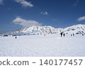 Snowscape of the Tateyama mountain range and people walking across the snowfields 140177457