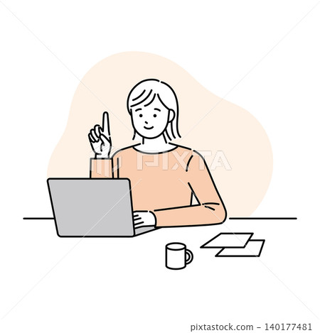Image of a smiling woman working on a computer. 140177481