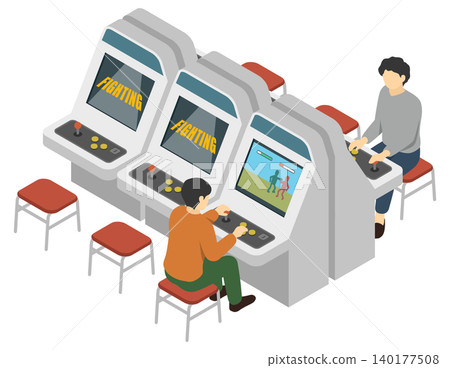 等距插圖：人們正在玩格鬥街機遊戲 140177508