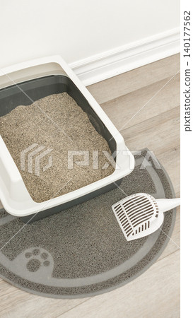 Odor-free litter box with gray sand and scoop on a paw print mat placed on wooden floor in a clean indoor setting Odor-free litter box with gray sand and scoop on a paw print mat placed on wooden floor in a clean indoor setting 140177562