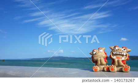 Shisa statues and the sea: Okinawan scenery, Yagaji Island, Nago City, Okinawa Prefecture Shisa statues and the sea: Okinawan scenery, Yagaji Island, Nago City, Okinawa Prefecture 140178267