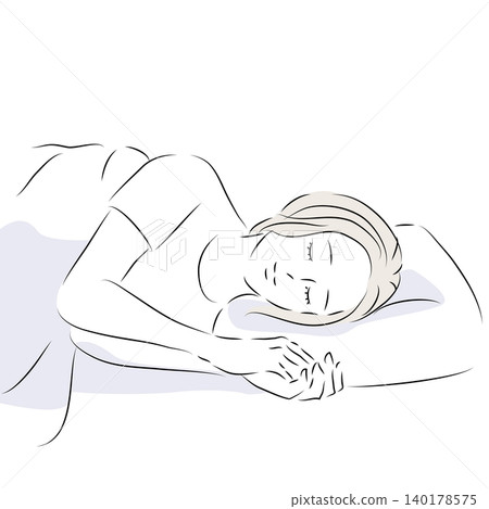 描繪一位女子安然入睡的線條插畫。 （向量圖） 140178575