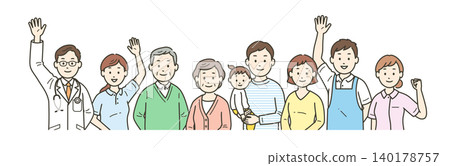 An upper body illustration of an elderly couple, family, doctor, nurse, caregiver and care manager gathering and waving 140178757