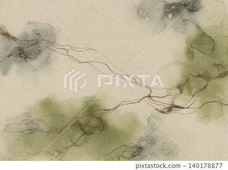 The background features olive green, ink bleeding, and bronze lines on unbleached Japanese paper. The background features olive green, ink bleeding, and bronze lines on unbleached Japanese paper. 140178877