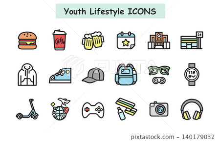 Lifestyle icon set for students and young people Lifestyle icon set for students and young people 140179032