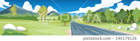 Panoramic vector landscape showing an empty asphalt road passing through green meadows. Dense forests white boulders and tall mountain peaks sit beneath a bright blue cloudy sky. 140179126