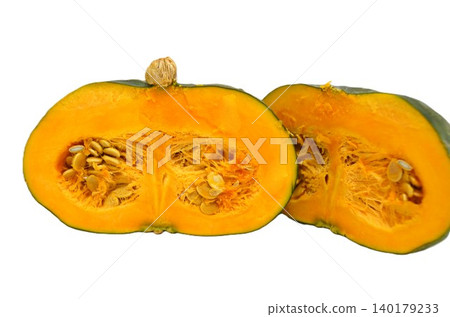 Cut and cross-section of a Western pumpkin against a white background. Cut and cross-section of a Western pumpkin against a white background. 140179233