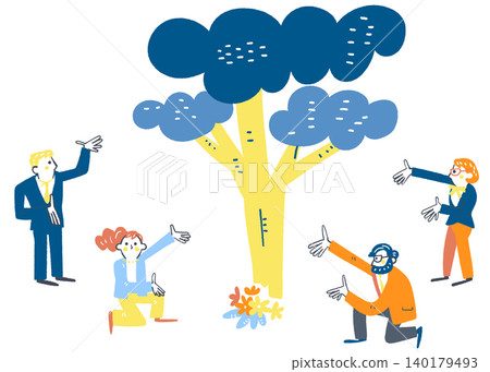 A business scene where a single tree is carefully nurtured towards a common goal, aiming for vibrant and sustainable growth. A business scene where a single tree is carefully nurtured towards a common goal, aiming for vibrant and sustainable growth. 140179493