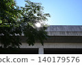 The blue sky visible beyond the elevated railway tracks 140179576