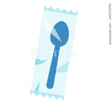 An icon illustration of a disposable plastic spoon in a packaging bag. Packaged cutlery. An icon illustration of a disposable plastic spoon in a packaging bag. Packaged cutlery. 140179750