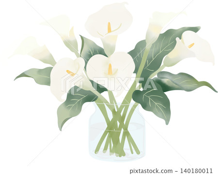 Elegant white calla lilies arranged in a clear glass vase, featuring soft watercolor textures and lush green foliage. 140180011
