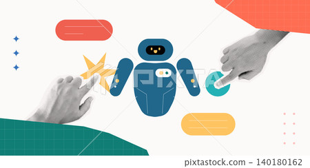 Trendy Halftone Collage of a cute AI assistant robot surrounded by human hands and chat bubbles, representing artificial intelligence and human interaction. Perfect for tech, AI, and digital content. 140180162