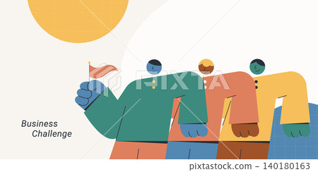 Flat design illustration of a team leader holding a flag leading a diverse group, representing business challenge and teamwork. Perfect for corporate, leadership, HR, and motivational content. Flat design illustration of a team leader holding a flag leading a diverse group, representing business challenge and teamwork. Perfect for corporate, leadership, HR, and motivational content. 140180163