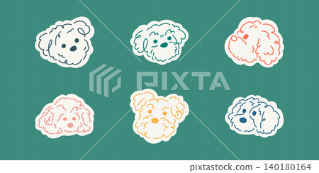Hand drawn fluffy poodle dog sticker set featuring 6 cute face doodles in colorful line art on teal background. Perfect for sticker packs, pet brands, children's products, and social media content. 140180164