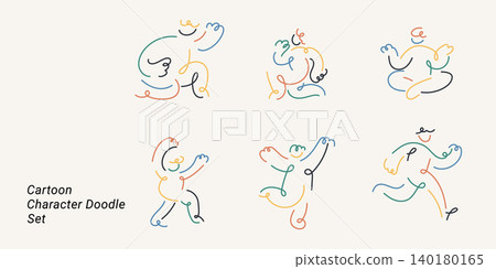 Hand drawn cartoon character doodle set featuring 6 colorful line art human figures in dynamic dancing and active poses. Perfect for creative, lifestyle, sports, children's content, and print design. Hand drawn cartoon character doodle set featuring 6 colorful line art human figures in dynamic dancing and active poses. Perfect for creative, lifestyle, sports, children's content, and print design. 140180165