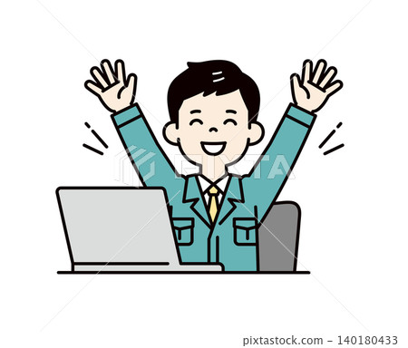Vector illustration of the upper body of a male employee/technician in work clothes, cheering and raising his arms in joy in front of a computer. Vector illustration of the upper body of a male employee/technician in work clothes, cheering and raising his arms in joy in front of a computer. 140180433