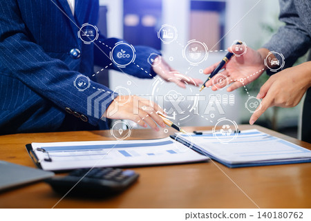 business team people planning and discussing on recycle reduce reuse policy symbol in office meeting room. Green business company business team people planning and discussing on recycle reduce reuse policy symbol in office meeting room. Green business company 140180762