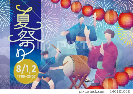 A poster depicting a Japanese summer festival featuring Bon Odori dance, lanterns, and fireworks. 140181068
