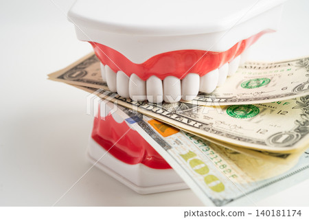 Treatment dental care cost, dental expense or fee, Euro banknote money with teeth model. 140181174