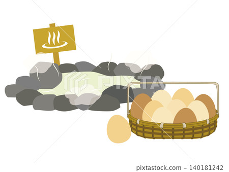 An illustration of a rock bath with a hot spring sign and hot spring eggs in a basket. An illustration of a rock bath with a hot spring sign and hot spring eggs in a basket. 140181242