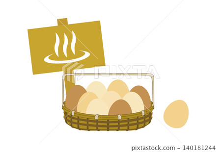 An illustration of a wooden sign with a hot spring symbol and hot spring eggs in a basket. An illustration of a wooden sign with a hot spring symbol and hot spring eggs in a basket. 140181244