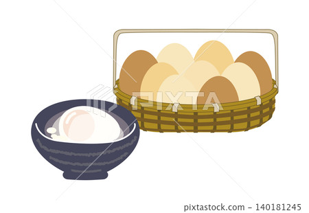 An illustration of Japanese food featuring soft-boiled eggs in a basket and soft-boiled eggs served in a bowl. An illustration of Japanese food featuring soft-boiled eggs in a basket and soft-boiled eggs served in a bowl. 140181245