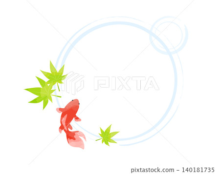 充滿夏日氣息的日式裝飾畫框，畫框為大型波紋圓形，飾以藍色楓葉，畫中描繪了金魚游弋的景象。 140181735