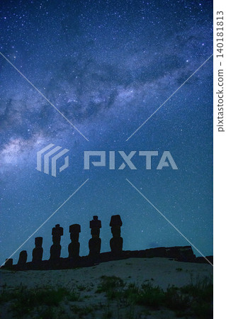 Mysterious moai statue of easter island chile standing under peaceful night sky 140181813