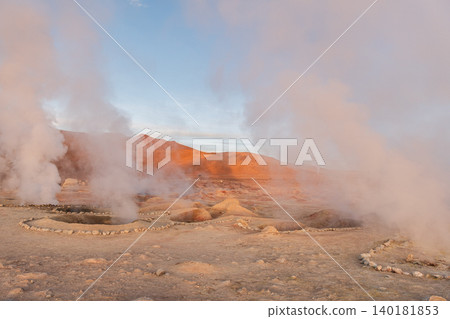 Awe inspiring Sol de Manana geyser steam in volcanic landscape Awe inspiring Sol de Manana geyser steam in volcanic landscape 140181853