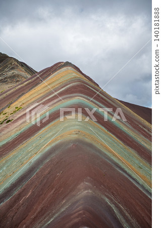 Majestic vinicunca mountain peak slope with stunning colorful striped geological nature Majestic vinicunca mountain peak slope with stunning colorful striped geological nature 140181888