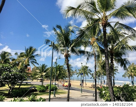 The beautiful streetscape along Waikiki Beach in Hawaii, with its blue skies and palm trees. The beautiful streetscape along Waikiki Beach in Hawaii, with its blue skies and palm trees. 140182104