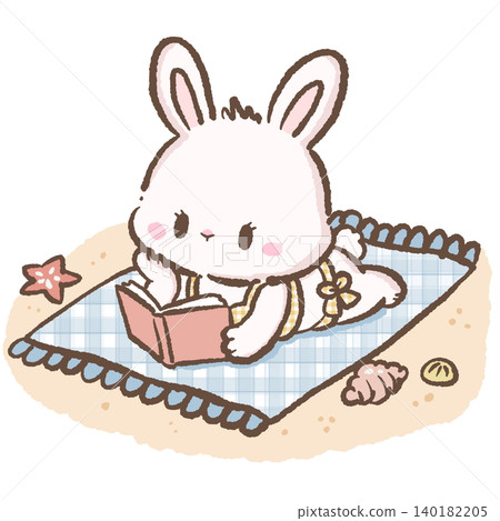 Adorable Kawaii Summer Beach Bunny Reading Pink Novel On Blue Plaid Picnic Blanket With Seashells And Sandy Shore Clipart Illustration 140182205