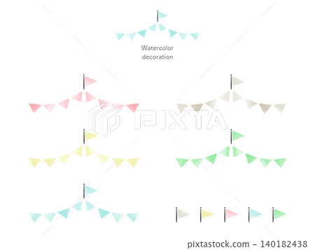 Watercolor garland for celebrations and events. Cute watercolor-style mountain-shaped garland and hand flag decorative parts set. Watercolor garland for celebrations and events. Cute watercolor-style mountain-shaped garland and hand flag decorative parts set. 140182438