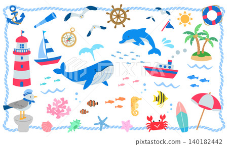 夏季海洋插畫套裝,海洋風格,白色背景 夏季海洋插畫套裝,海洋風格,白色背景 140182442