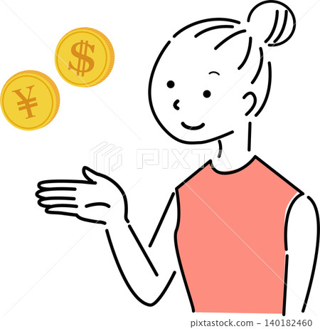 一位年輕女子講解重點的插圖:(匯率、兼職、美元、日圓、比較、商業、向量圖) 一位年輕女子講解重點的插圖:(匯率、兼職、美元、日圓、比較、商業、向量圖) 140182460