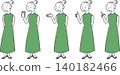 A full-body pose set of a young woman in a green dress (coffee, guiding, thumbs-up, pointing, business). 140182466