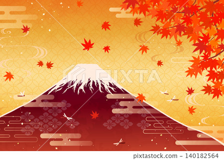 Illustration of autumn leaves and Mount Fuji in red (horizontal view) 140182564