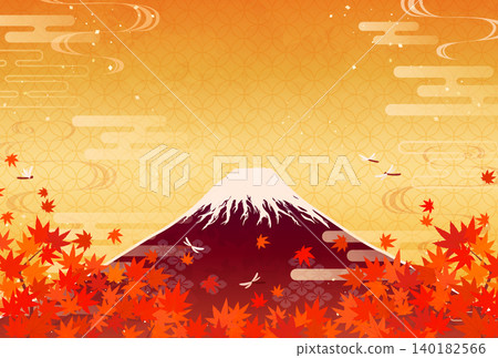 Illustration of autumn leaves and Mount Fuji in red (3_horizontal) Illustration of autumn leaves and Mount Fuji in red (3_horizontal) 140182566