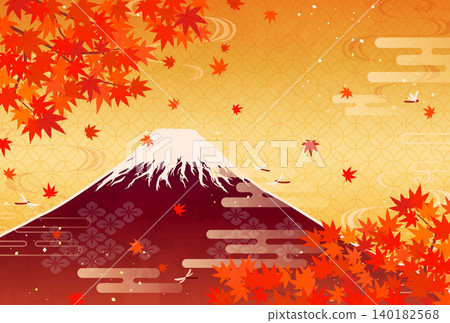 Illustration of autumn leaves and Mount Fuji in red (horizontal) Illustration of autumn leaves and Mount Fuji in red (horizontal) 140182568