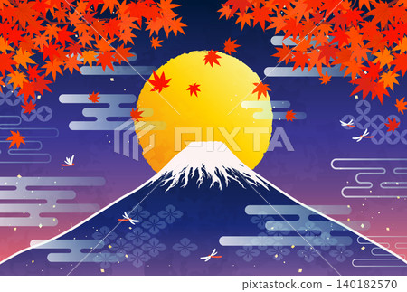 秋葉、富士山和滿月的插圖（橫幅） 140182570
