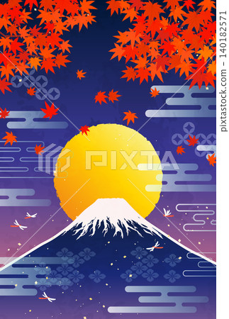 Illustration of autumn leaves, Mt. Fuji, and a full moon (vertical) Illustration of autumn leaves, Mt. Fuji, and a full moon (vertical) 140182571